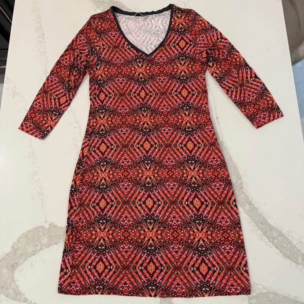 Sandwich Long Sleeve V-Neck Knee Length Stretchy Dress Women's Small Pink/Orange